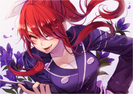 HD desktop wallpaper of Rindō Kobayashi from the anime Food Wars: Shokugeki no Soma, featuring her vibrant red hair and dynamic pose against a background of purple flowers.