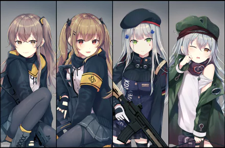 HD desktop wallpaper featuring characters HK416, G11, UMP9, and UMP45 from the video game Girls' Frontline, posing in a vibrant and detailed art style.