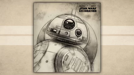 A detailed HD desktop wallpaper featuring BB-8 from Star Wars, showcasing a sketch-style design with elements from the Star Wars Celebration 2017.