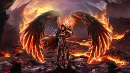 HD PC desktop wallpaper of a fiery winged warrior from the video game Heroes of Might and Magic VI, standing on scorched earth with blazing wings and a lava-lit sky.