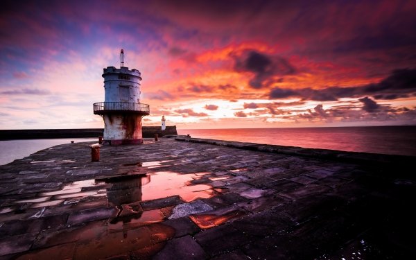 Man Made Lighthouse Ocean Horizon Sunset Sky Cloud HD Wallpaper | Background Image