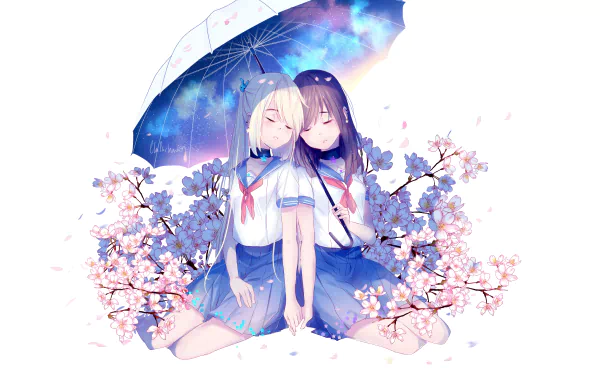 Anime-style HD desktop wallpaper featuring two schoolgirls with long hair, one blonde, sitting under a translucent umbrella surrounded by cherry blossoms in school uniforms.
