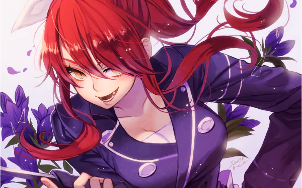 HD desktop wallpaper of Rindō Kobayashi from the anime Food Wars: Shokugeki no Soma, featuring her vibrant red hair and dynamic pose against a background of purple flowers.