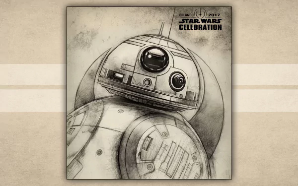 A detailed HD desktop wallpaper featuring BB-8 from Star Wars, showcasing a sketch-style design with elements from the Star Wars Celebration 2017.