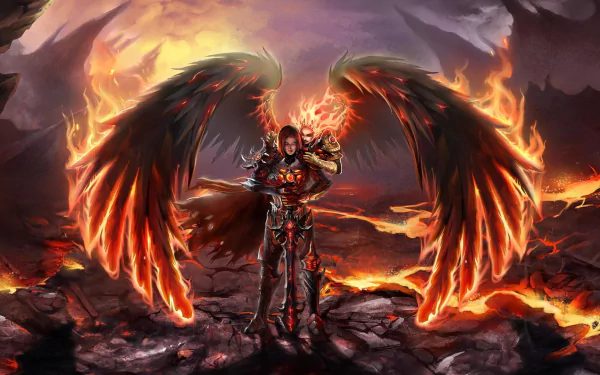 HD PC desktop wallpaper of a fiery winged warrior from the video game Heroes of Might and Magic VI, standing on scorched earth with blazing wings and a lava-lit sky.