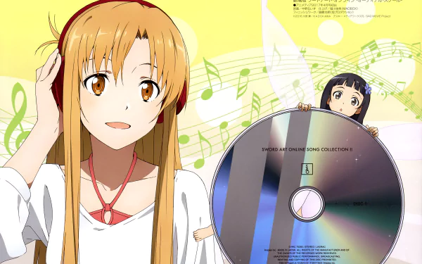 Anime characters Asuna Yuuki and Yui from Sword Art Online appear in this vibrant 4K Ultra HD PC desktop wallpaper with musical notes and a reflective CD.