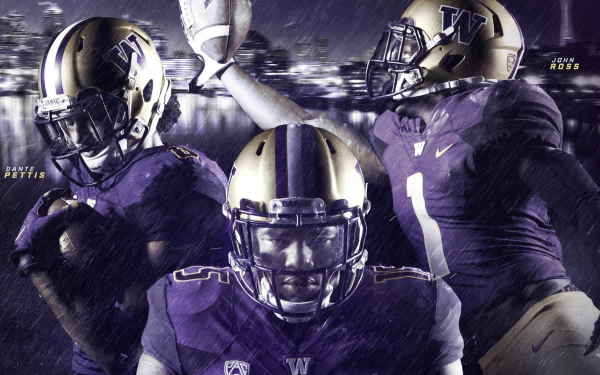 HD desktop wallpaper featuring Washington Huskies college football players in action, showcasing intense moments from the sport with a dynamic, dark-toned background.