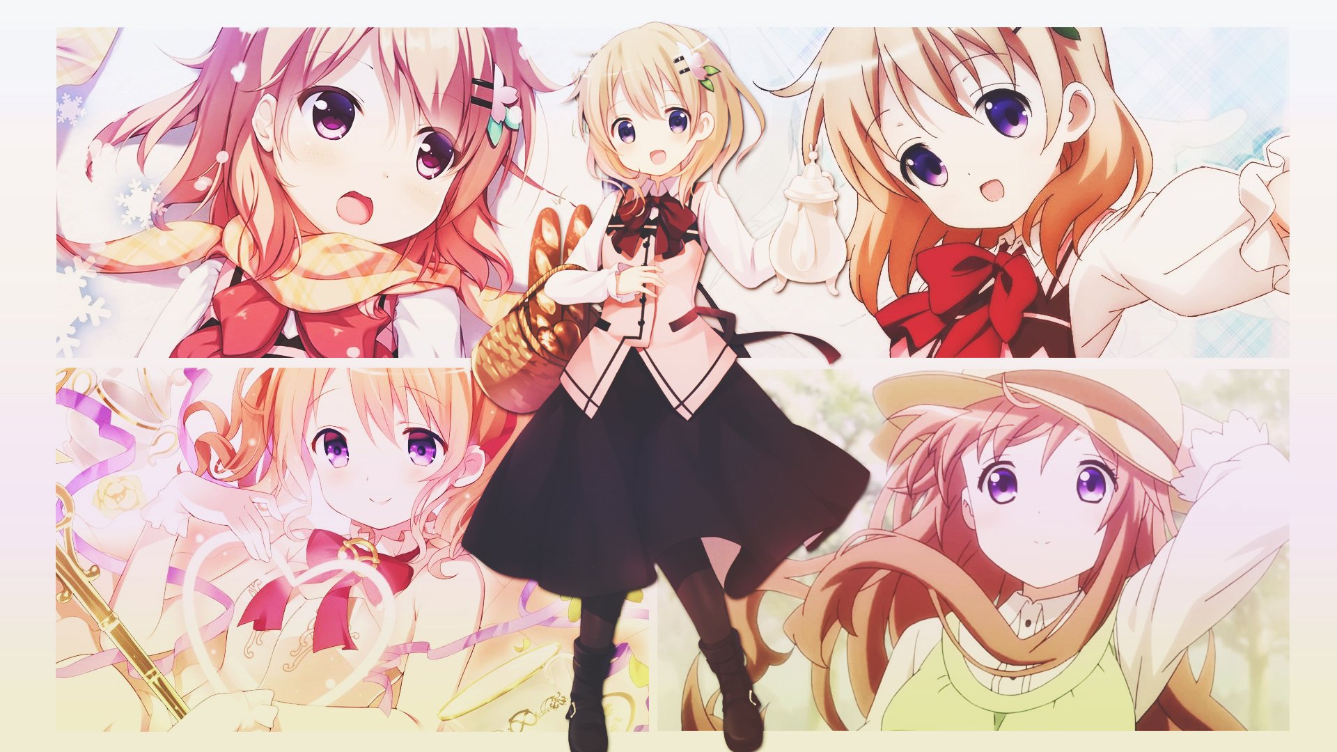 HD PC desktop wallpaper featuring Kokoa Hoto from the anime Is the Order a Rabbit in various expressions and outfits.