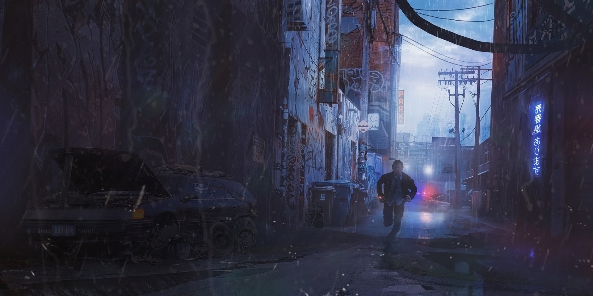 A cyberpunk-themed HD desktop wallpaper depicting a lone figure running through a dark, rainy sci-fi city alley illuminated by neon lights.