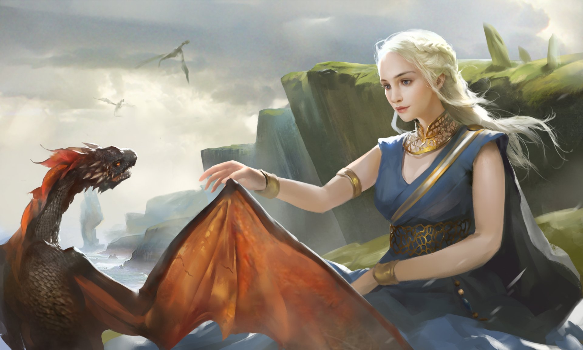 HD desktop wallpaper: Daenerys Targaryen with blonde hair and blue eyes, gently touching a dragon on windswept cliffs — Game of Thrones TV show scene.