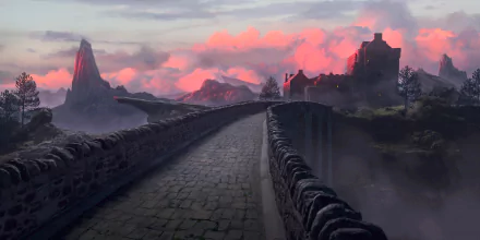 A high-definition fantasy wallpaper featuring a stone bridge leading to an ancient building with a dramatic, colorful sunset sky in the background.