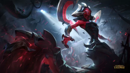 HD PC desktop wallpaper of Cassiopeia (League of Legends), the video game serpent-mage coiled in a dark arena, glowing red eyes and venomous blades amid swirling petals.