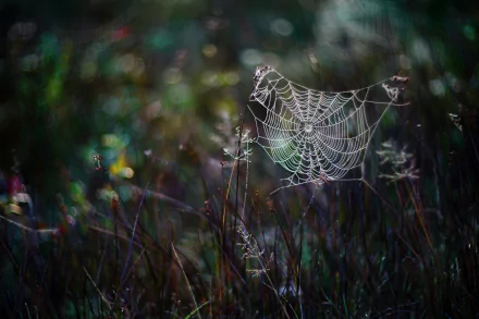 Close-up HD desktop wallpaper of a delicate spider web glistening with dew in a softly blurred natural setting, showcasing intricate details and bokeh effects.