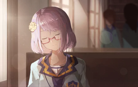 HD PC desktop wallpaper of Koharu Nanakura from the anime Aikatsu!, showing her with short pink hair, glasses, and a school uniform in a softly lit classroom.