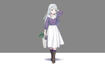 HD PC desktop wallpaper of Sagiri (Kantai Collection): anime girl with long silver hair in a purple top and white skirt, holding a tote with plants against a gray background.