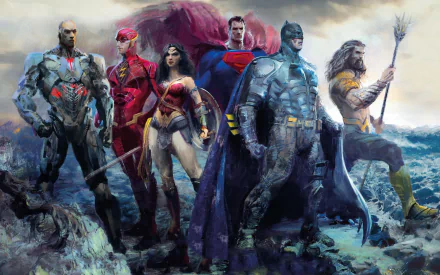 HD wallpaper featuring the Justice League, including Cyborg, Flash, Wonder Woman, Superman, Batman, and Aquaman, from the 2017 DC Comics film. The heroes stand together in a powerful pose.