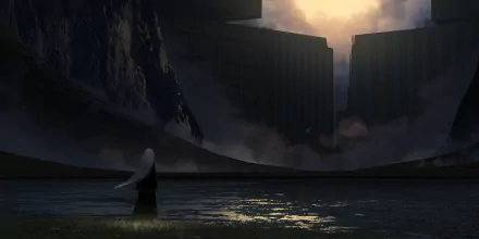 A serene anime landscape featuring a figure by the water, with towering structures and dramatic lighting, creating an original HD wallpaper for desktop backgrounds.