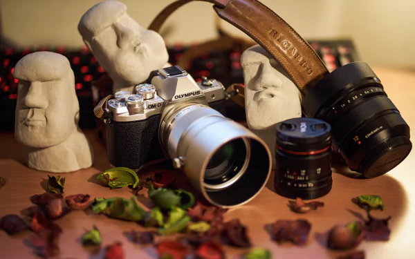 4K Ultra HD still life featuring an Olympus camera with multiple lenses, surrounded by small Moai-style sculptures and scattered dried rose petals on a desktop background.