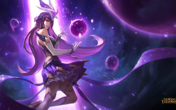 HD wallpaper featuring Star Guardian Syndra from League of Legends, showcasing her in an ethereal, space-themed setting with vivid purples and blues, surrounded by celestial orbs.