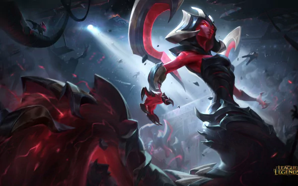 HD PC desktop wallpaper of Cassiopeia (League of Legends), the video game serpent-mage coiled in a dark arena, glowing red eyes and venomous blades amid swirling petals.