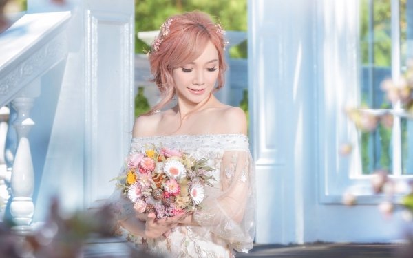 Femmes Mariée Top Model Asiatique Pink Hair Depth Of Field Bouquet Wedding Dress Humeur Fond d'écran HD | Image