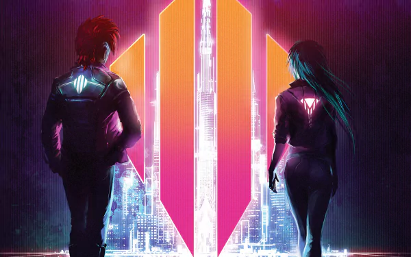 HD retrowave PC wallpaper featuring neon-lit cityscape with two figures facing a glowing geometric structure, inspired by Klayton and Scandroid music themes.