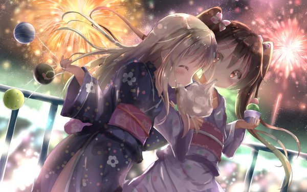 HD anime desktop wallpaper featuring Libeccio and Ro-500 from Kantai Collection, dressed in festive yukatas with fireworks illuminating the night sky.
