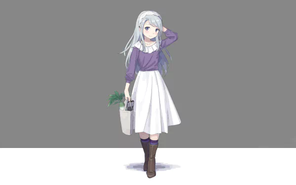 HD PC desktop wallpaper of Sagiri (Kantai Collection): anime girl with long silver hair in a purple top and white skirt, holding a tote with plants against a gray background.