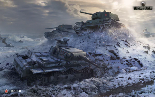 HD desktop wallpaper featuring KV-1 and T-34 tanks in a snowy battlefield from the World of Tanks video game.