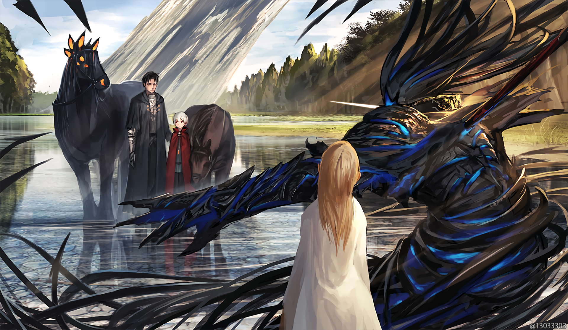 An HD anime wallpaper featuring a dramatic scene with sunbeams, water, and various characters including a creature, a horse, and individuals with blonde, white, short, and long hair.
