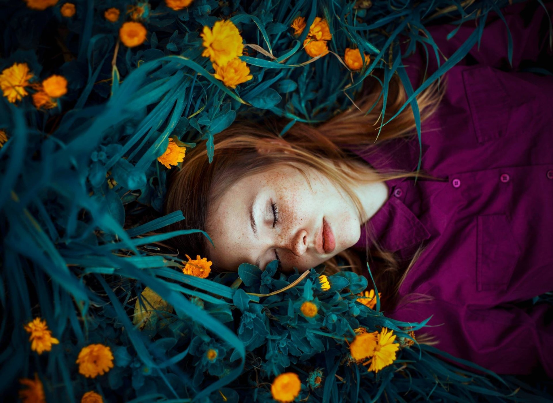 Download Lying Down Freckles Yellow Flower Redhead Model Woman Mood HD ...