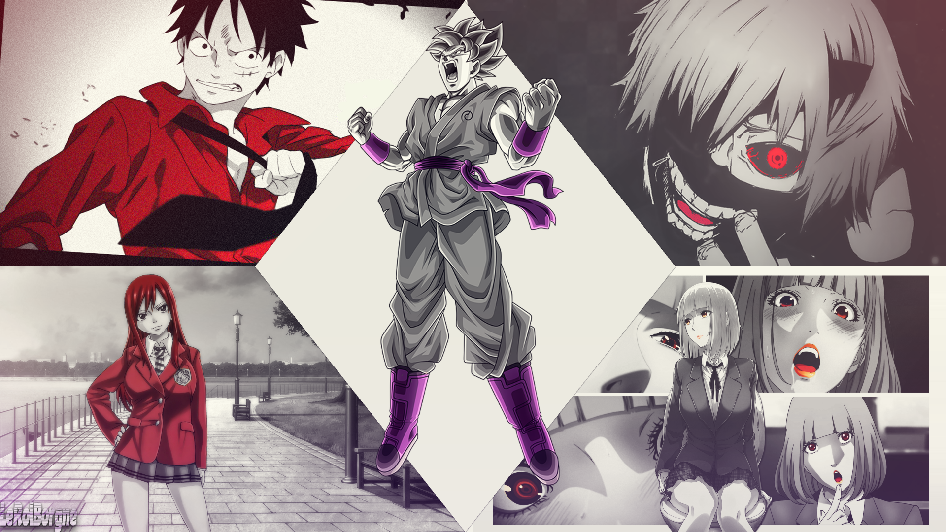 A vibrant HD desktop wallpaper featuring crossover anime characters Hana Midorikawa, Goku, Monkey D. Luffy, Erza Scarlet, and Ken Kaneki from Prison School, Fairy Tail, One Piece, and Tokyo Ghoul.
