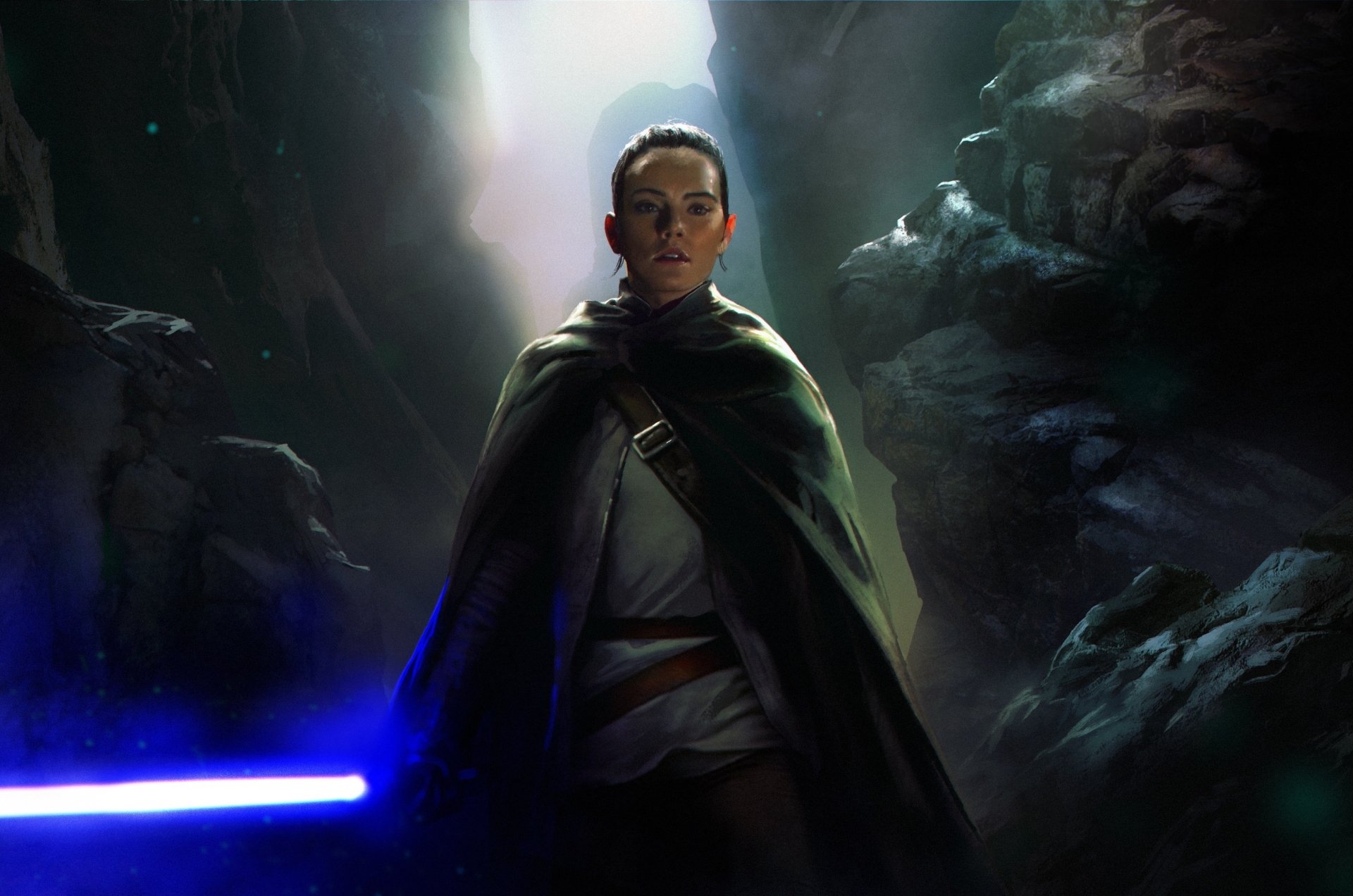 HD desktop wallpaper featuring Rey from Star Wars: The Last Jedi holding a glowing blue lightsaber in a dark, mystical environment.