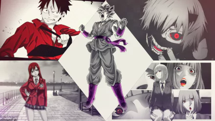 A vibrant HD desktop wallpaper featuring crossover anime characters Hana Midorikawa, Goku, Monkey D. Luffy, Erza Scarlet, and Ken Kaneki from Prison School, Fairy Tail, One Piece, and Tokyo Ghoul.