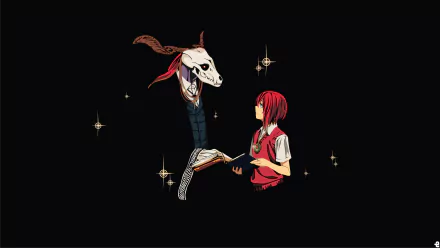 HD desktop wallpaper featuring Elias Ainsworth and Chise Hatori from the anime The Ancient Magus' Bride (Mahoutsukai no Yome), set against a dark background with magical stars.
