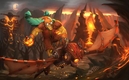 HD desktop wallpaper featuring Batrider from Dota 2, a goblin character with a fiery jack-o'-lantern, flying over a volcanic, ominous landscape.