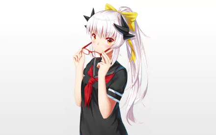 HD PC desktop wallpaper featuring Kiyohime from Fate/Grand Order, depicted in anime style with white hair, red eyes, and a black outfit holding red glasses.