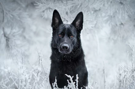 A German Shepherd dog with a black muzzle stands alert in a frosty winter landscape. The image is a high-definition desktop wallpaper with the dog staring intently, surrounded by snow-covered foliage.