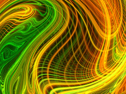 Abstract psychedelic fractal with vivid orange and green curves, creating a trippy, flowing pattern, designed as an HD PC desktop wallpaper and background.