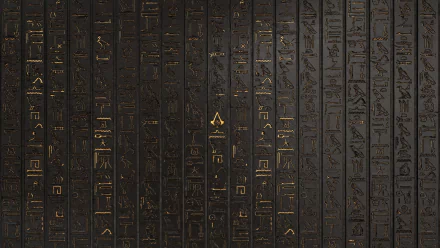 HD desktop wallpaper for Assassin's Creed Origins featuring dark hieroglyphic patterns and symbols.
