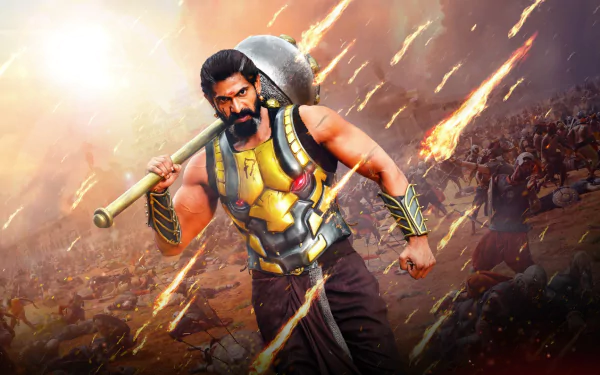 HD wallpaper of the movie Baahubali 2: The Conclusion featuring a warrior in armor holding a weapon amidst a fiery battlefield.