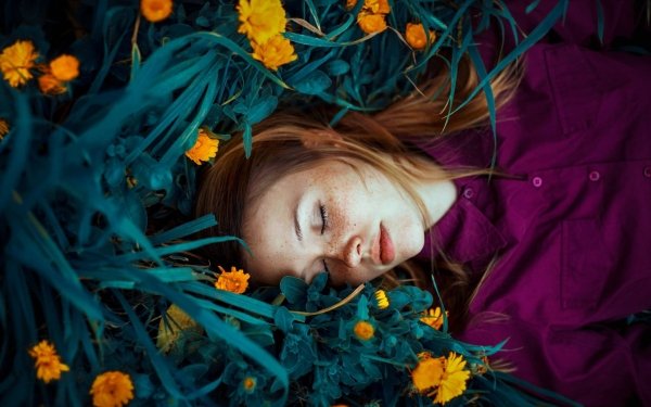 Women Mood Model Redhead Yellow Flower Freckles Lying Down HD Wallpaper | Background Image