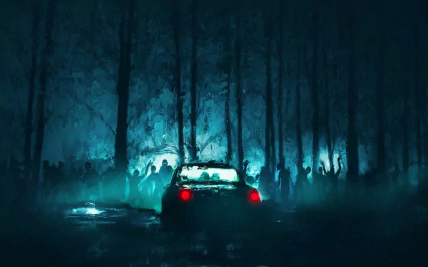A dark forest at night surrounds a car with glowing red taillights as shadowy undead and zombies emerge from the mist, creating a chilling HD desktop wallpaper scene.
