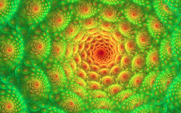 Vibrant HD desktop wallpaper featuring a trippy, psychedelic, fractal spiral that resembles a vivid flower in green and red tones.