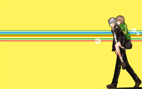 Persona 4 Golden HD PC wallpaper: bright yellow field with rainbow stripes and two characters from the video game Persona 4 — a male carrying a female on his back, walking right.