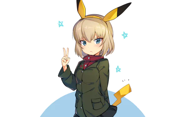 HD anime wallpaper featuring Katyusha from Girls und Panzer with short blonde hair, blue eyes, and Pikachu-inspired accessories.