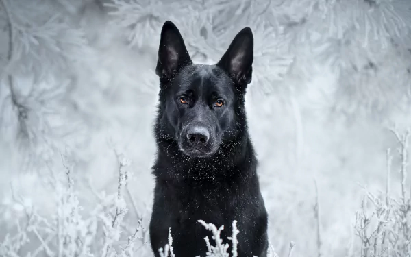 A German Shepherd dog with a black muzzle stands alert in a frosty winter landscape. The image is a high-definition desktop wallpaper with the dog staring intently, surrounded by snow-covered foliage.