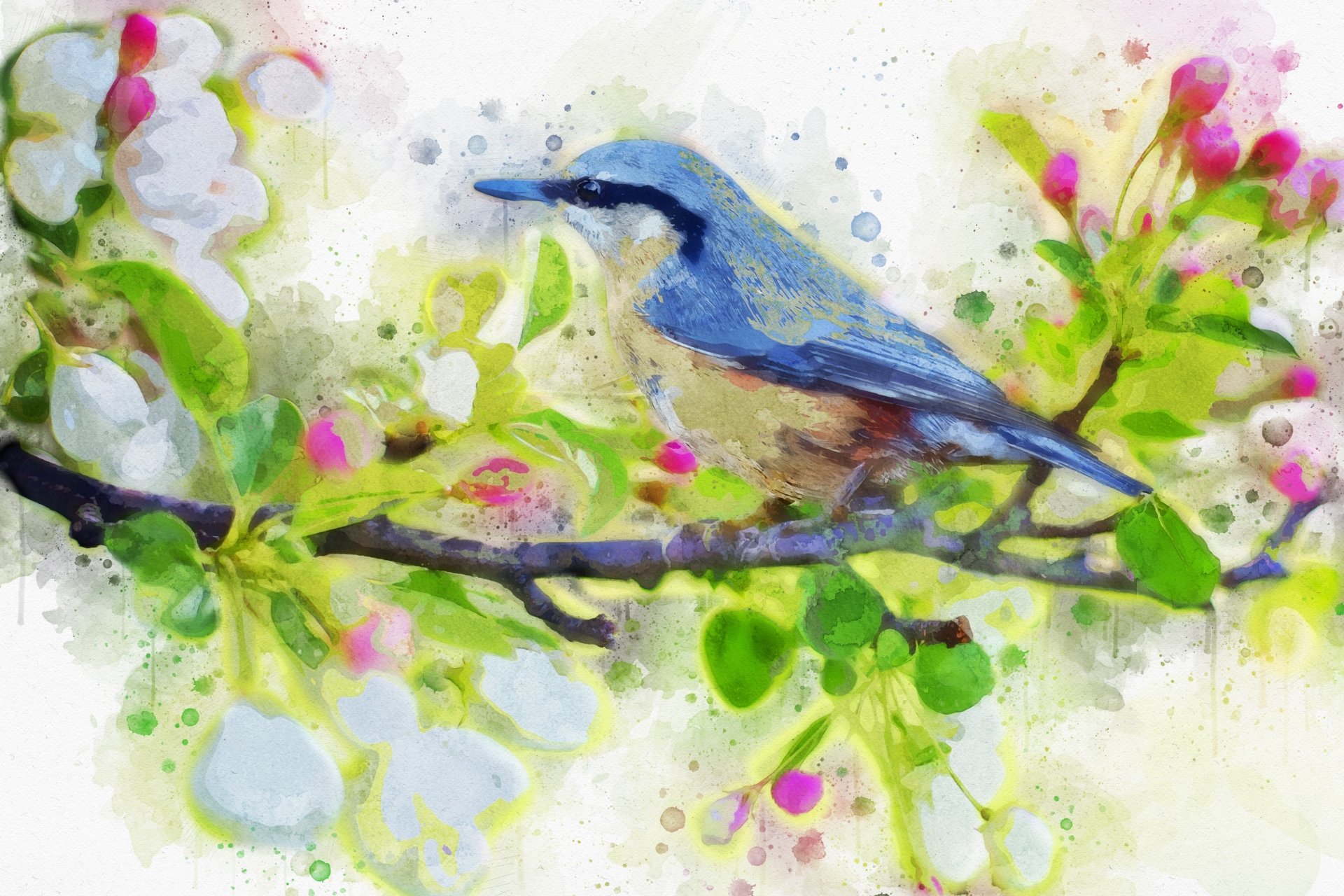 Watercolor illustration of a nuthatch perched on a branch, surrounded by vibrant blossoms and greenery. This HD desktop wallpaper and background exudes a peaceful natural setting.