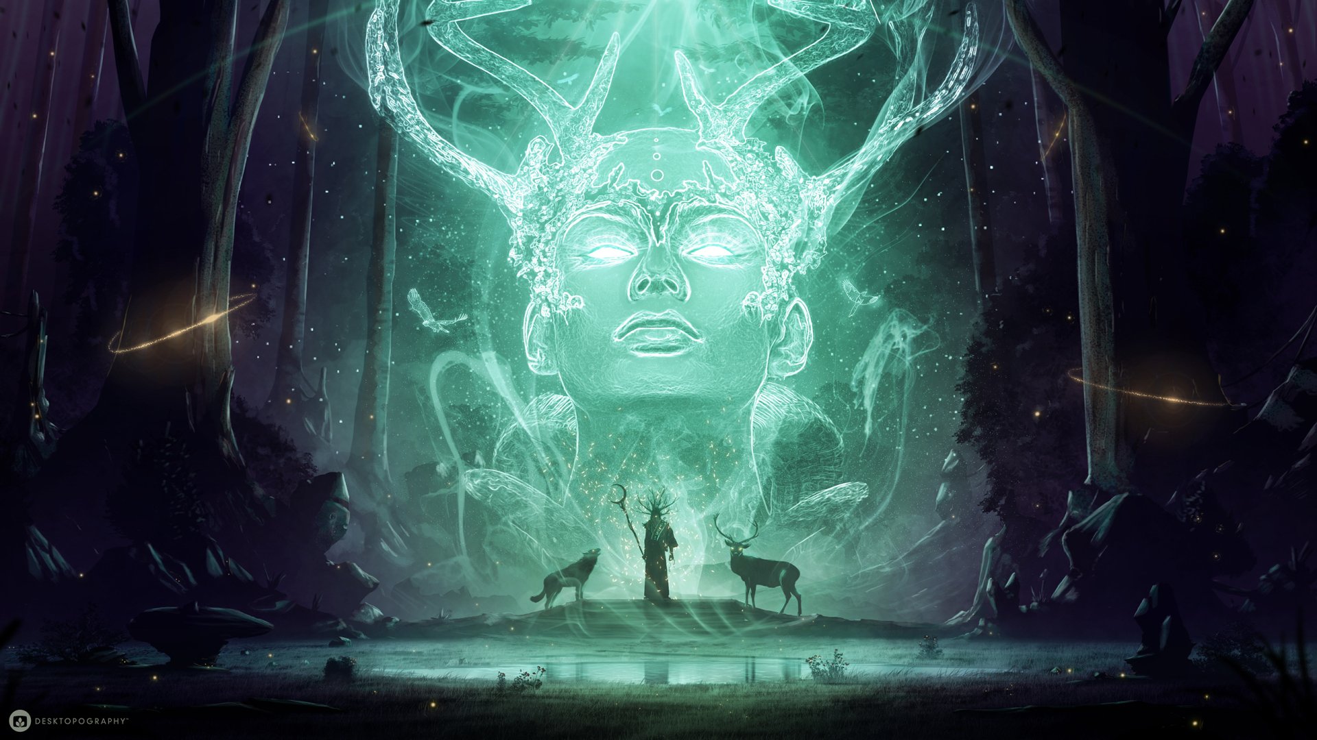 A mystical shaman evokes a glowing deer spirit in a dark forest at night, surrounded by wolves, blending magic and fantasy in this HD desktop wallpaper.