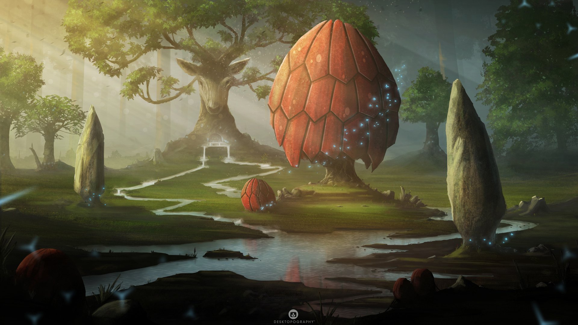 Download Deer Stream Tree Fantasy Forest HD Wallpaper by Jonathan Maurin